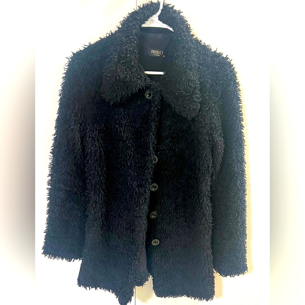 Product vintage 90s fluffy long black button up coat women’s size 4.